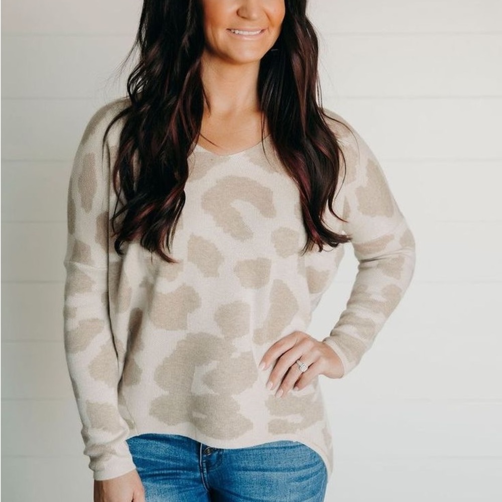 New Leopard Oversized Animal Print Tan White Sweater
